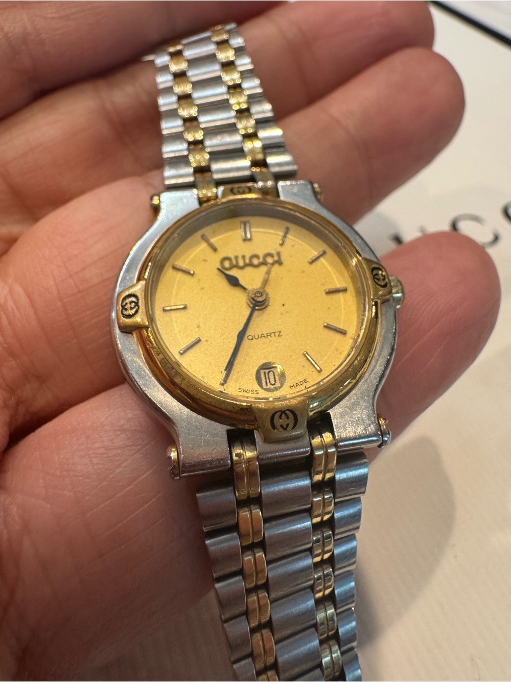 Authentic Gucci Two-Tone Silver and Gold Round Dial Bracelet Watch - Picture 2 of 10